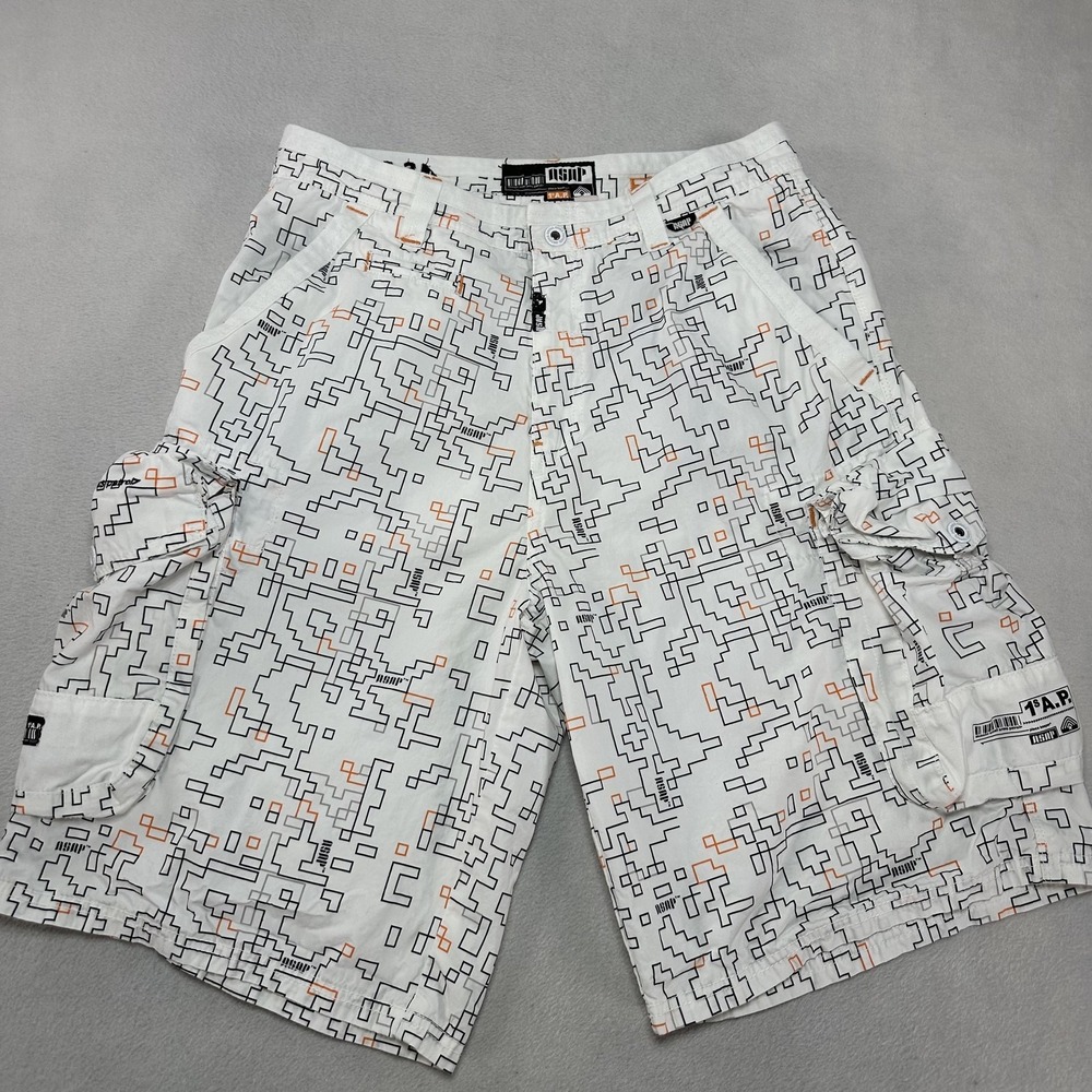 Akdmks ASAP Shorts Mens 32 White 1st AP Cargo Pixel Print Graphic Streetwear Y2K